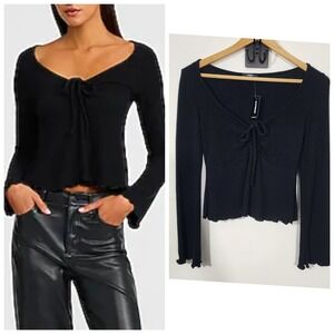 Express Black Ribbed Tie Front Cropped Long bell Sleeve Top XS NWT Y2K witchy